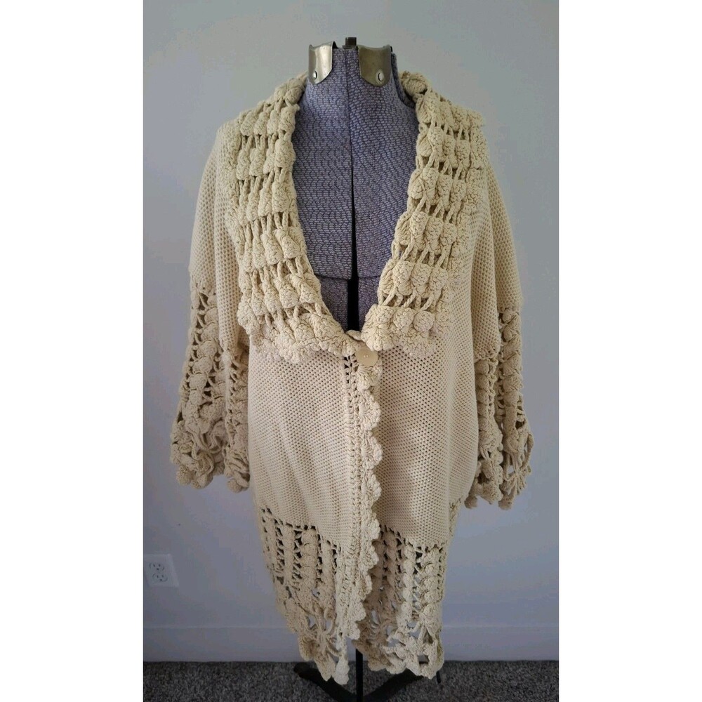 Von Saken Beige Crochet Knit Cotton Cardigan Sweater M/L Cottage Boho Fairy